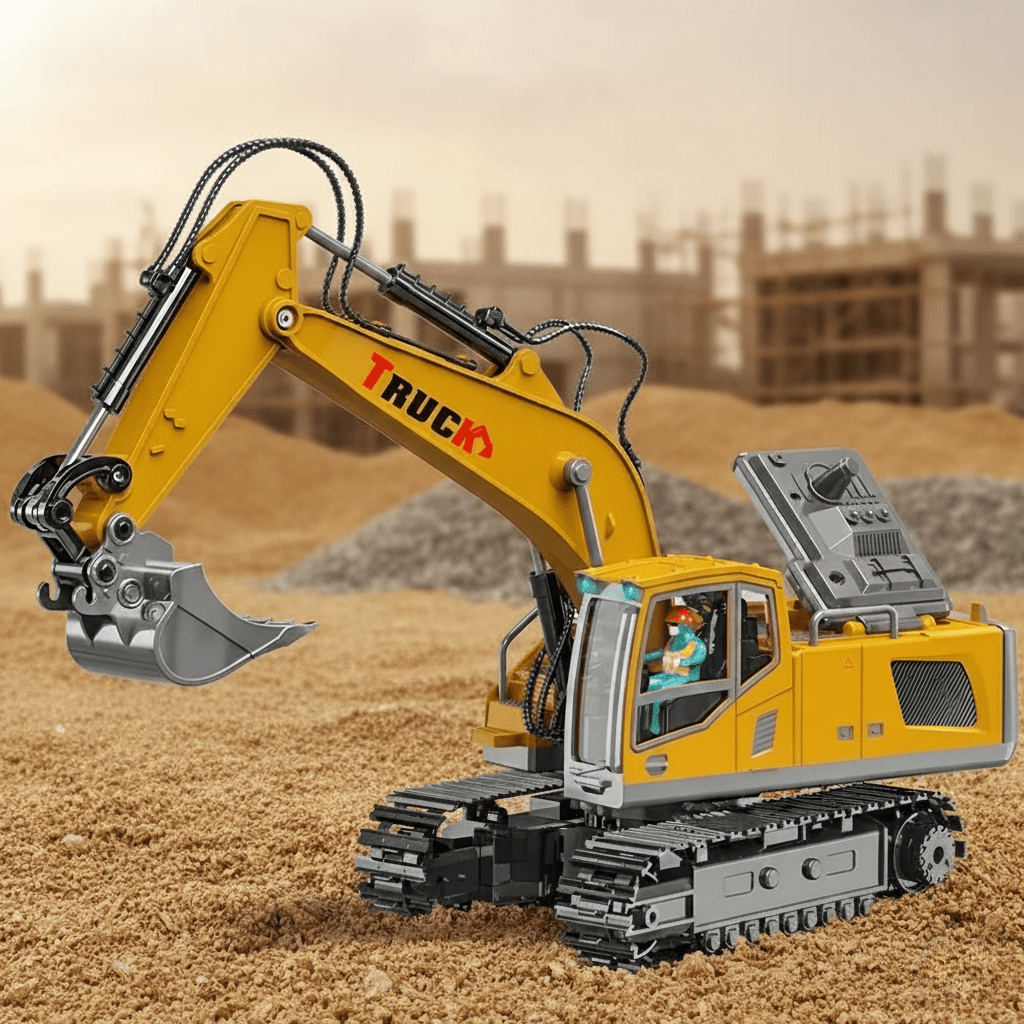 Kids' durable metal alloy RC excavator with bright lights & realistic digging sounds for imaginative play.