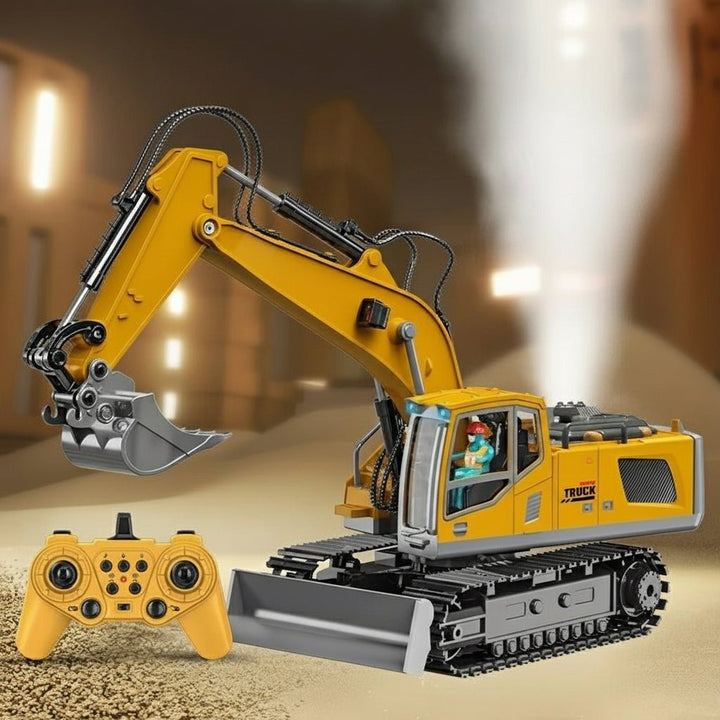 Authentic heavy equipment model: metal alloy RC excavator for children, with working lights & fun sounds.
