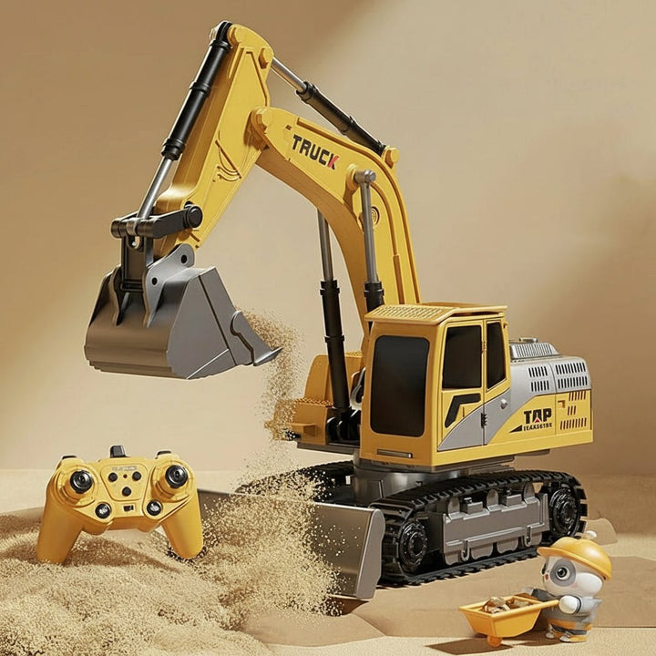 Metal alloy RC excavator with realistic digging action, bright lights, and exciting sounds for kids.