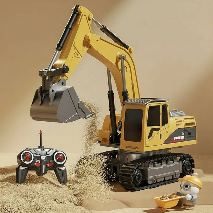 Engaging remote control metal alloy excavator; a durable children's toy with lights, sounds & movement.