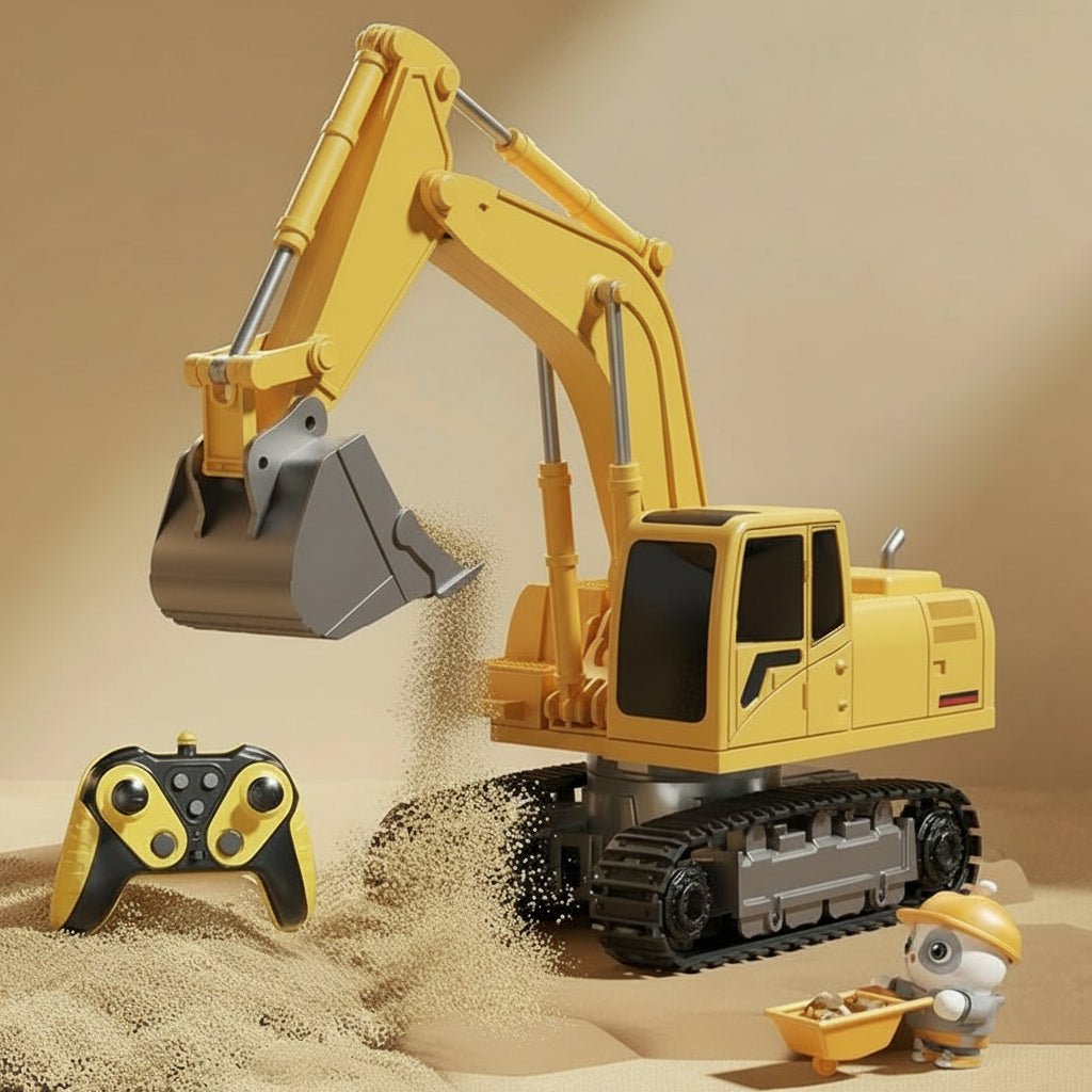 Kids' dream gift: metal alloy RC construction digger, lights, realistic sounds, and remote control.
