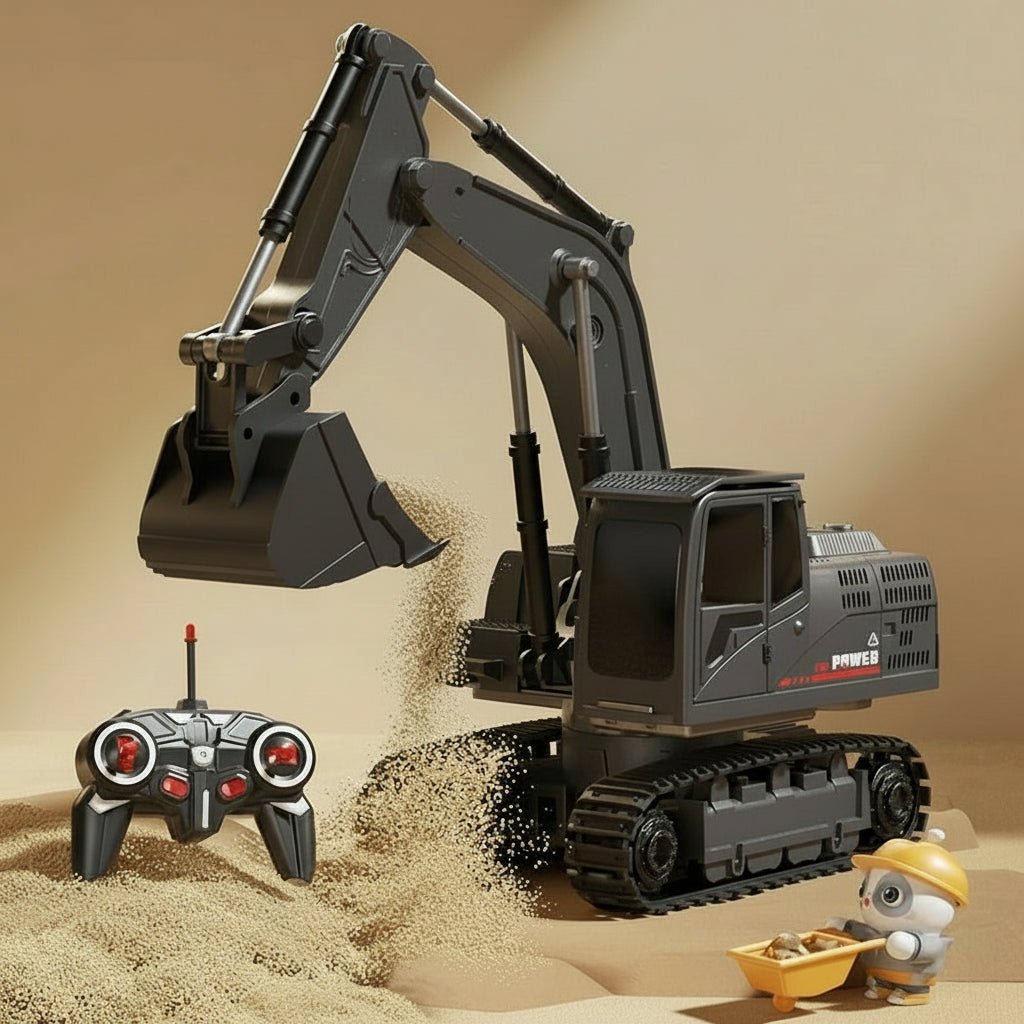 Electronic metal alloy RC heavy equipment toy for kids; includes working lights & realistic engine sounds.