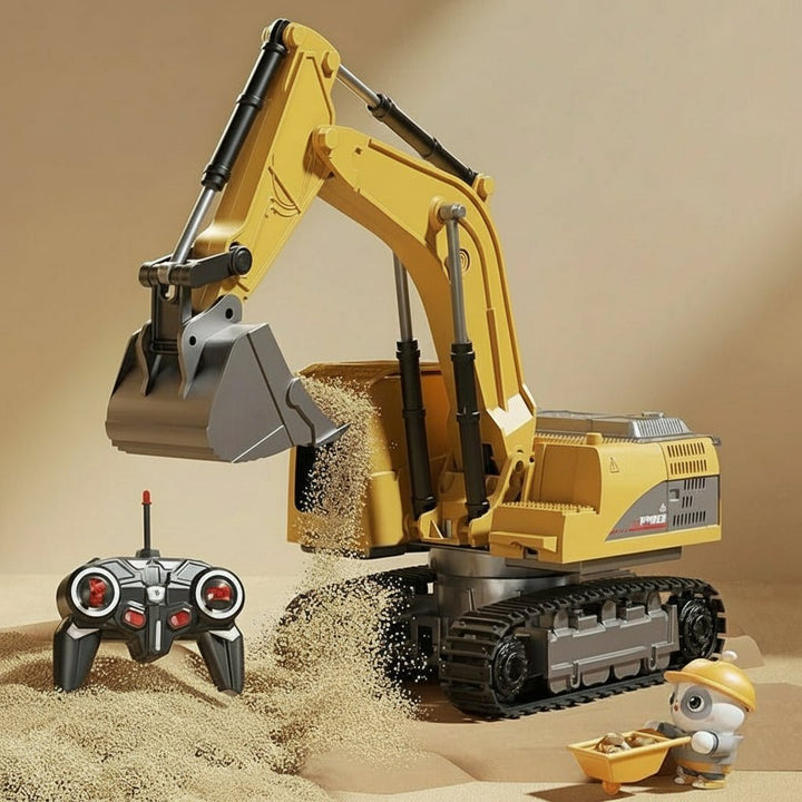Durable & realistic metal alloy RC excavator, great for young builders, with lights & authentic sounds.