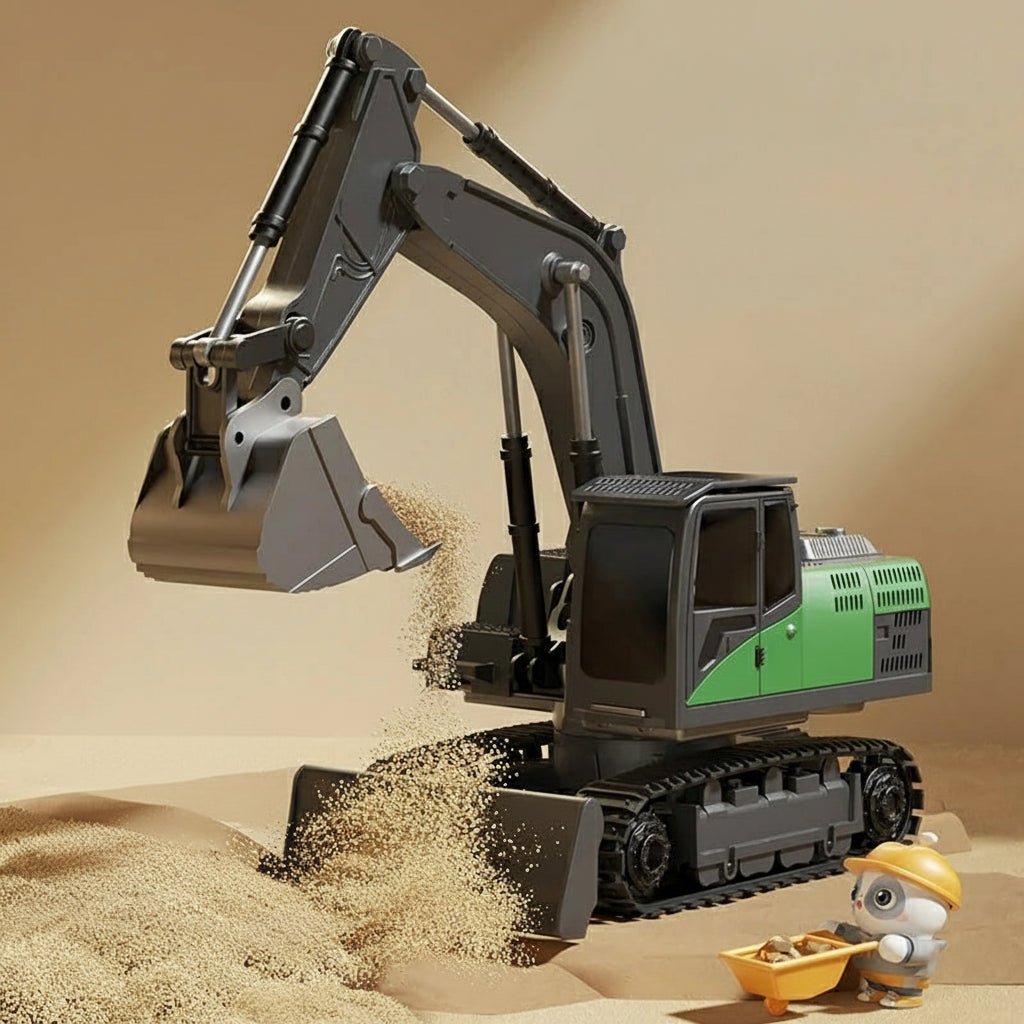 Interactive metal alloy RC digger for children, controlled remotely, with engaging lights & sound effects.