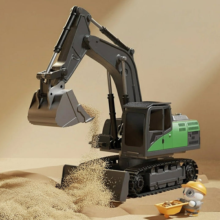 Interactive metal alloy RC digger for children, controlled remotely, with engaging lights & sound effects.