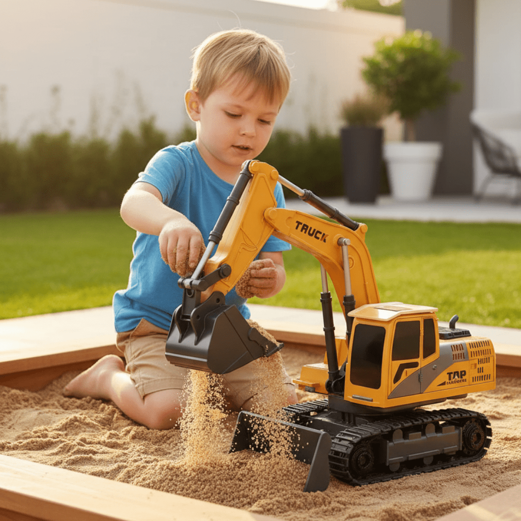 Remote control heavy equipment model: metal alloy excavator for children with engaging lights & sounds.