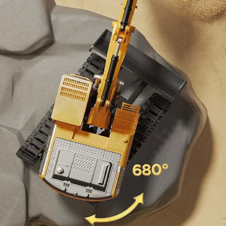 Light-up & sound-enabled metal alloy RC excavator; a durable toy for active kids' imaginative play.
