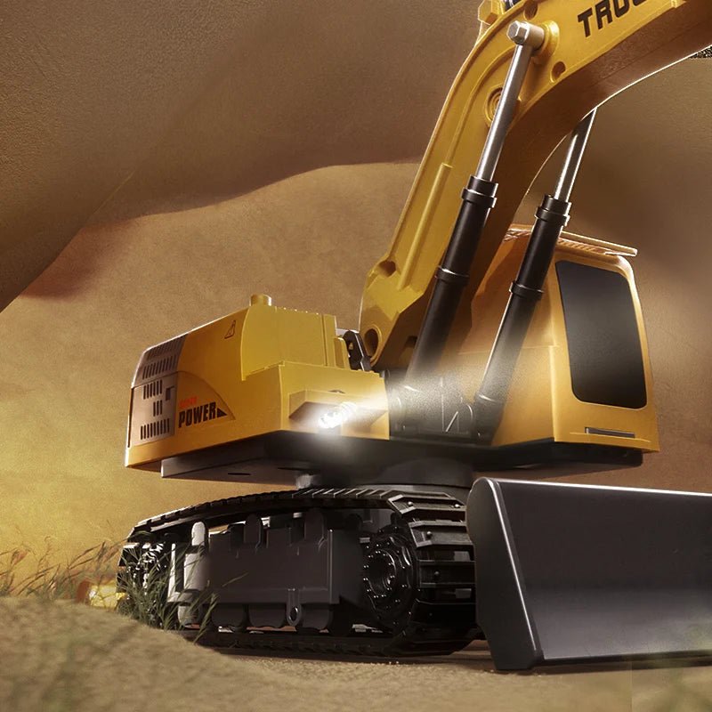 Premium metal alloy RC digger with authentic sounds & vivid lights; an educational heavy equipment model.