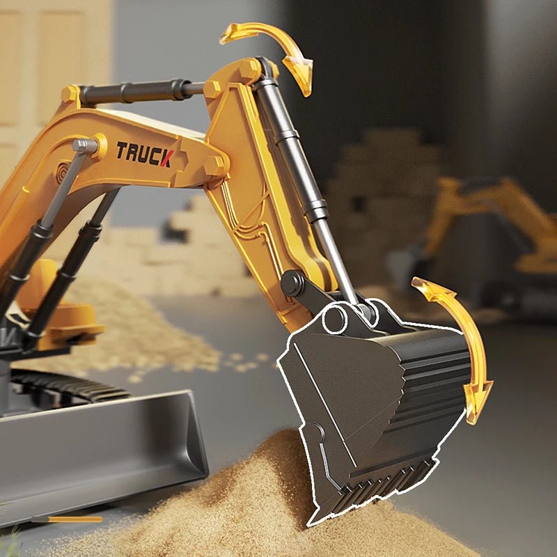 Interactive kids' metal alloy RC excavator for creative play; features realistic sounds & glowing lights.