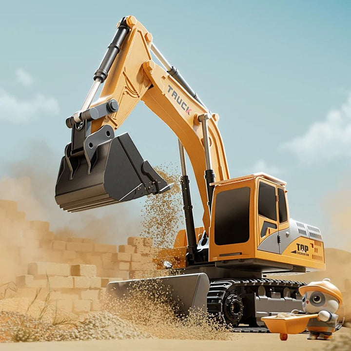 Durable metal alloy remote control excavator, ideal for kids' construction play, with lights & sounds.