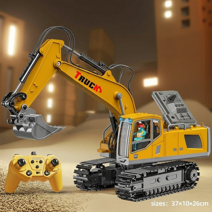 High-quality kids' metal alloy RC excavator, built to last, featuring dynamic lights & engaging sounds.