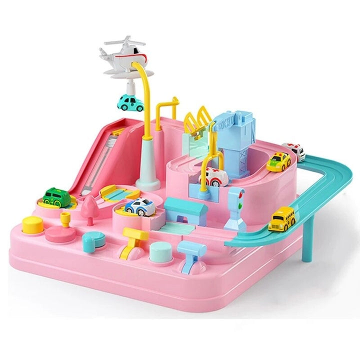 Kids navigating interactive car adventure play set, developing logic & cognitive thinking through educational play.