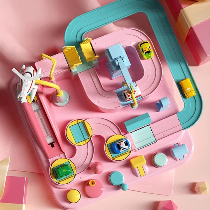 Colorful car adventure play set, an educational logic game enhancing sensory & cognitive development in kids.