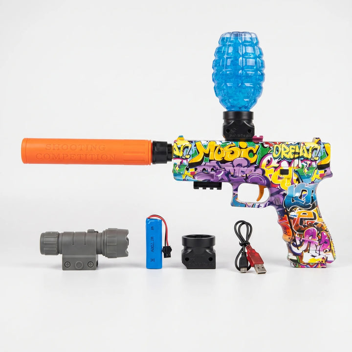 Energetic kids enjoying a thrilling water fight with an automatic electric water blaster toy.