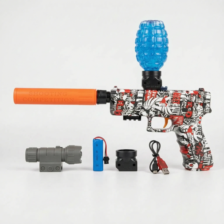 Blue and white electric water blaster for kids' outdoor fun, ideal for pool parties & water games.
