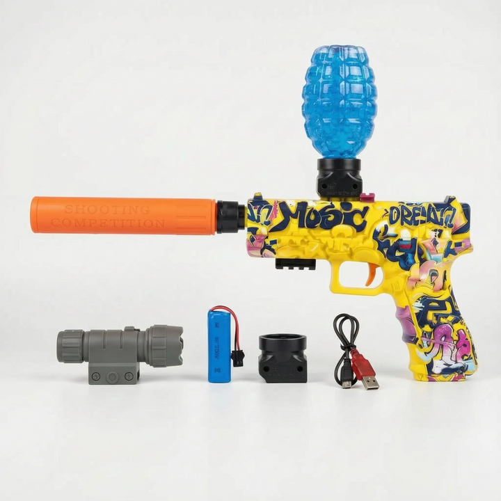 Compact automatic electric water gun designed for quick reloads & continuous water fight action.