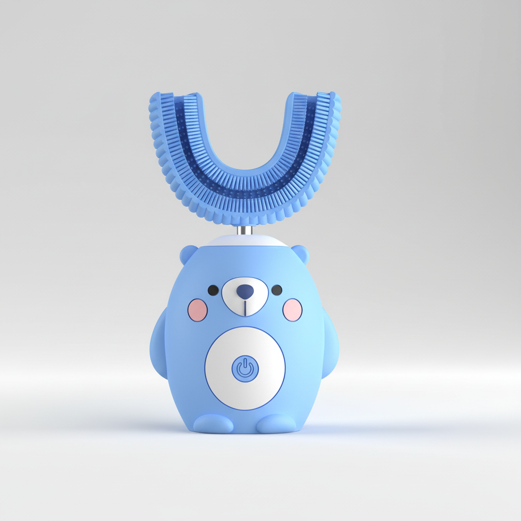 TinySonic blue electric toothbrush for children 2-12, with a small brush head for easy reach in little mouths.
