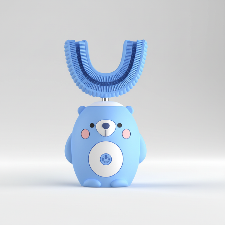 TinySonic blue electric toothbrush for children 2-12, with a small brush head for easy reach in little mouths.