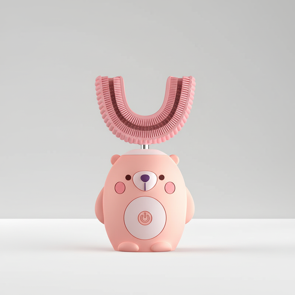 Close-up of TinySonic kids' electric toothbrush, highlighting the soft silicone bristles for sensitive gums.