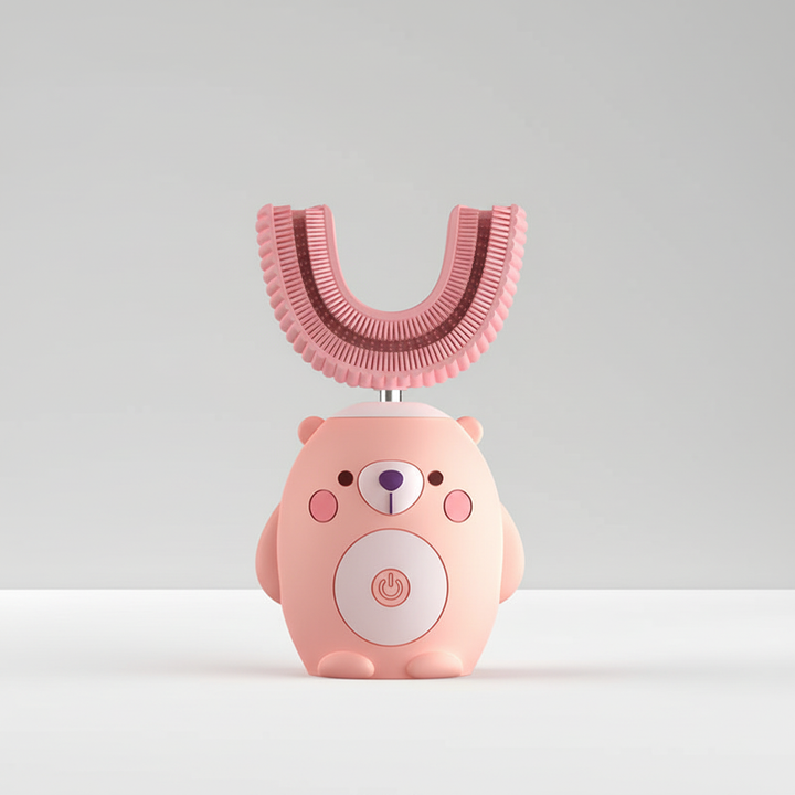 Close-up of TinySonic kids' electric toothbrush, highlighting the soft silicone bristles for sensitive gums.