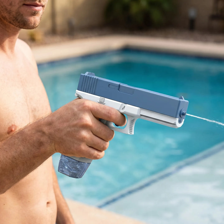 Kids' electric water blaster for summer outdoor fun, pool, and beach water games.