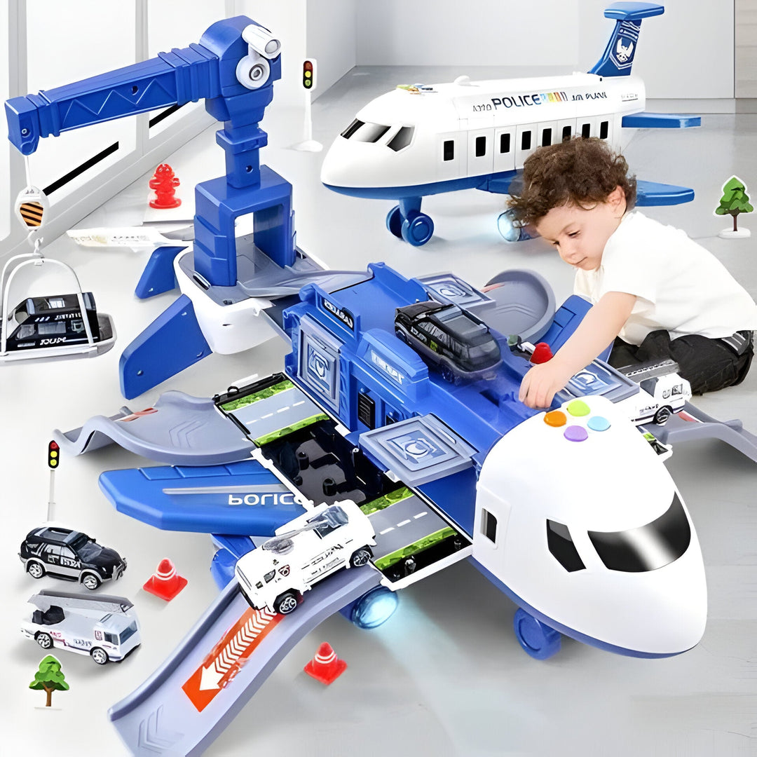 Kids' emergency rescue airplane toy set with mini vehicles, perfect for educational pretend play.