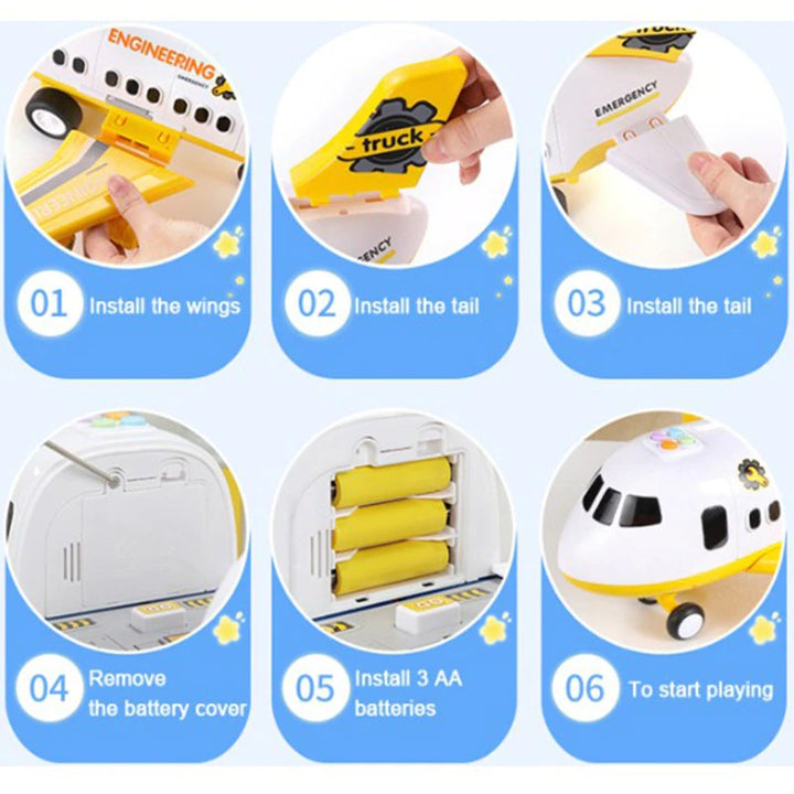 STEM-focused educational airplane toy set for kids, teaching about rescue vehicles and interactive play.