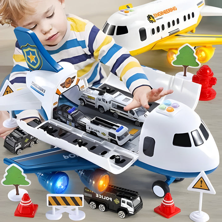Durable kids' airplane toy with emergency vehicle figures, designed for engaging rescue missions.