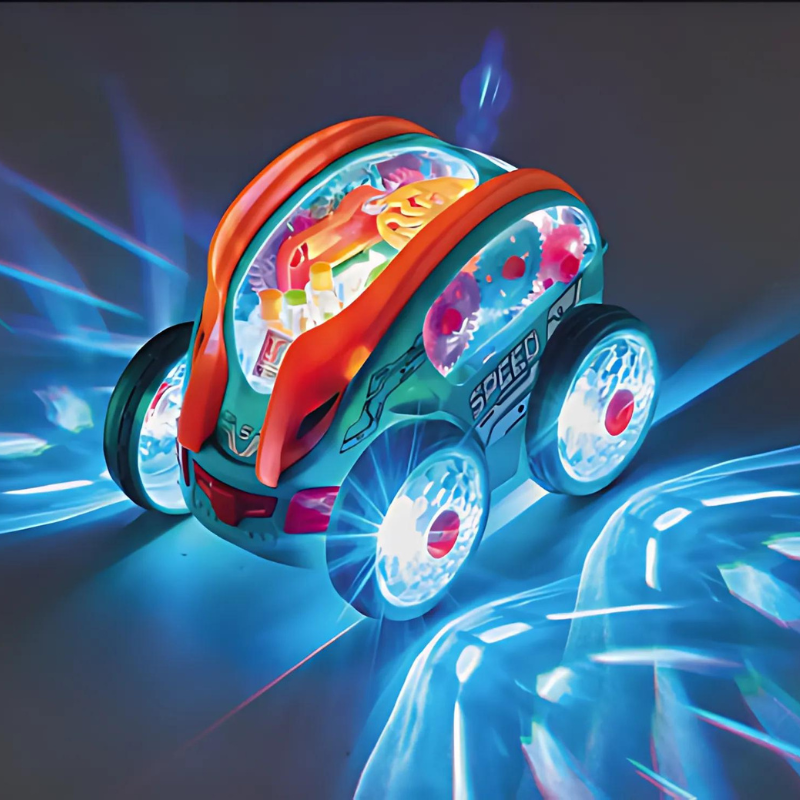 Kids' flashing LED music toy car with colorful lights & dynamic motion, perfect for toddler sensory play & activity.