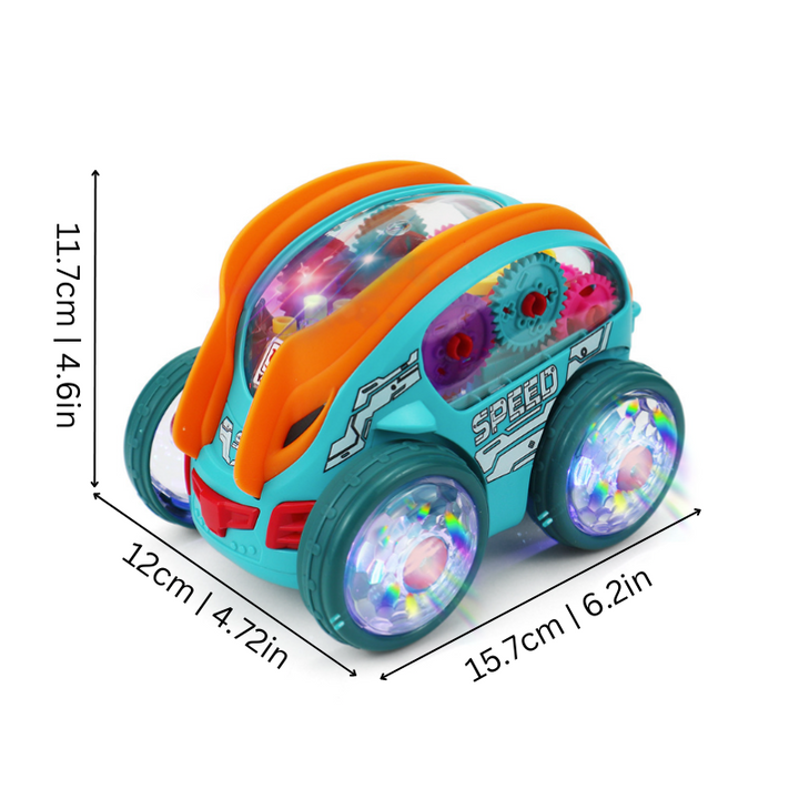 Interactive spinning LED music toy car for kids, featuring bright lights & engaging motion for educational toddler play.