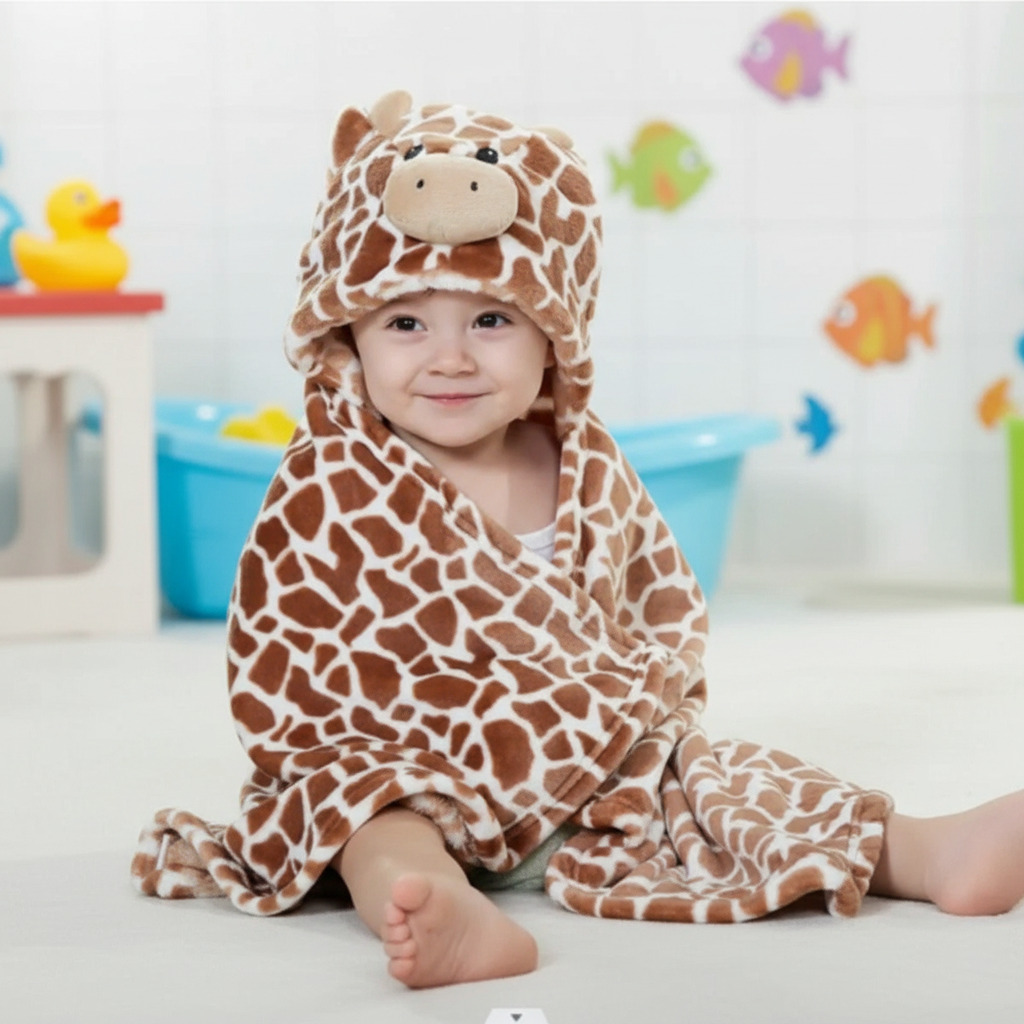 Kids' fox hooded bath towel, orange, soft terry, for baby bath & pool. Quick dry.