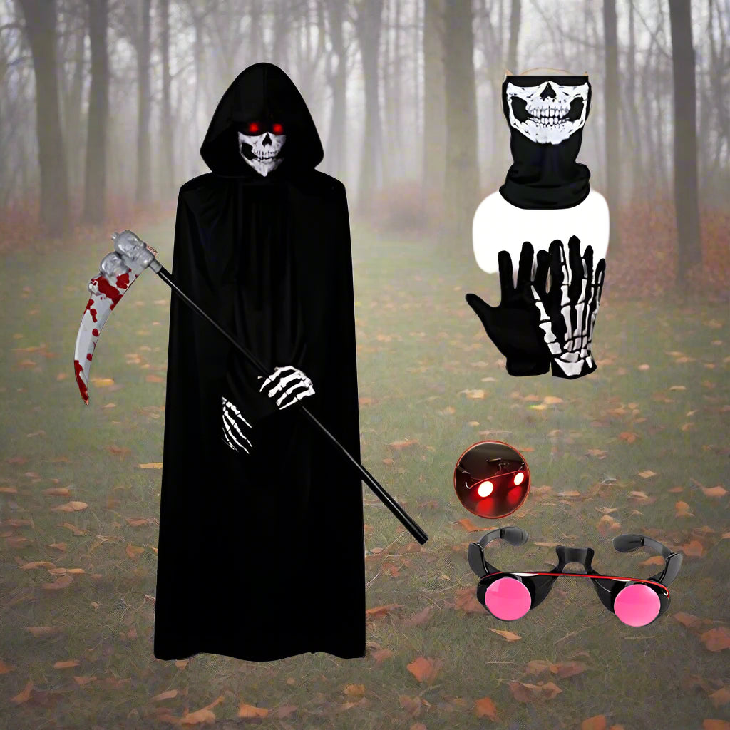 Kids Grim Reaper Halloween costume. Spooky hooded black robe for boys & girls, ideal for trick or treating.