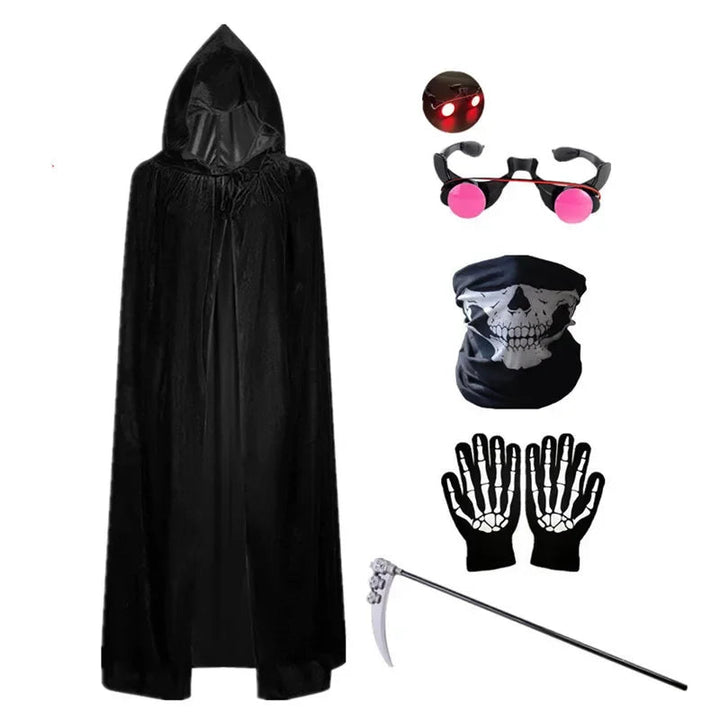 Boys' & girls' Grim Reaper Halloween costume. A spooky black skeleton robe for a scary trick-or-treat night.