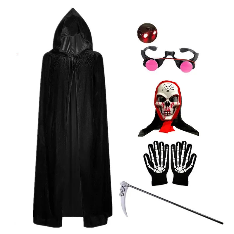Classic Grim Reaper costume for kids. A hooded black robe, perfect for spooky Halloween adventures.