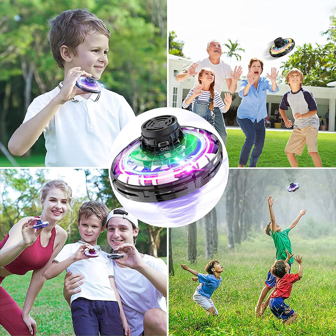 Infrared hand-controlled flying UFO drone in action, demonstrating obstacle avoidance for safe play.