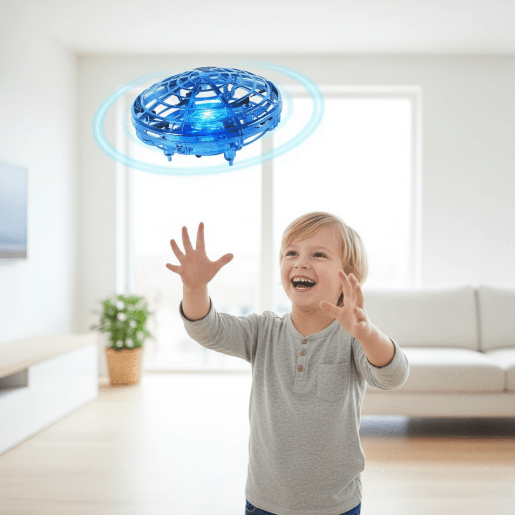 Kids' hand controlled UFO flying drone toy with LED lights, USB rechargeable for interactive play.