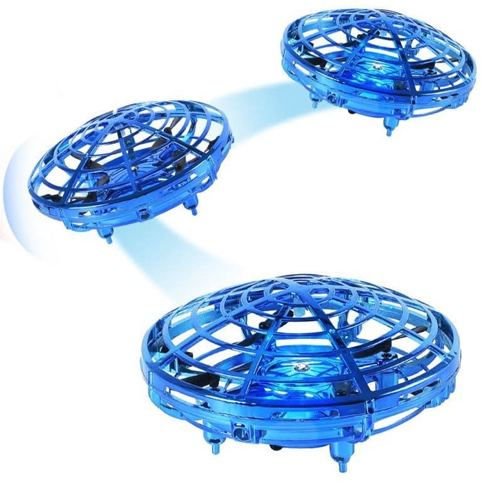 Mini UFO drone toy for kids with hand control & LED lights. USB rechargeable for endless interactive indoor/outdoor fun.