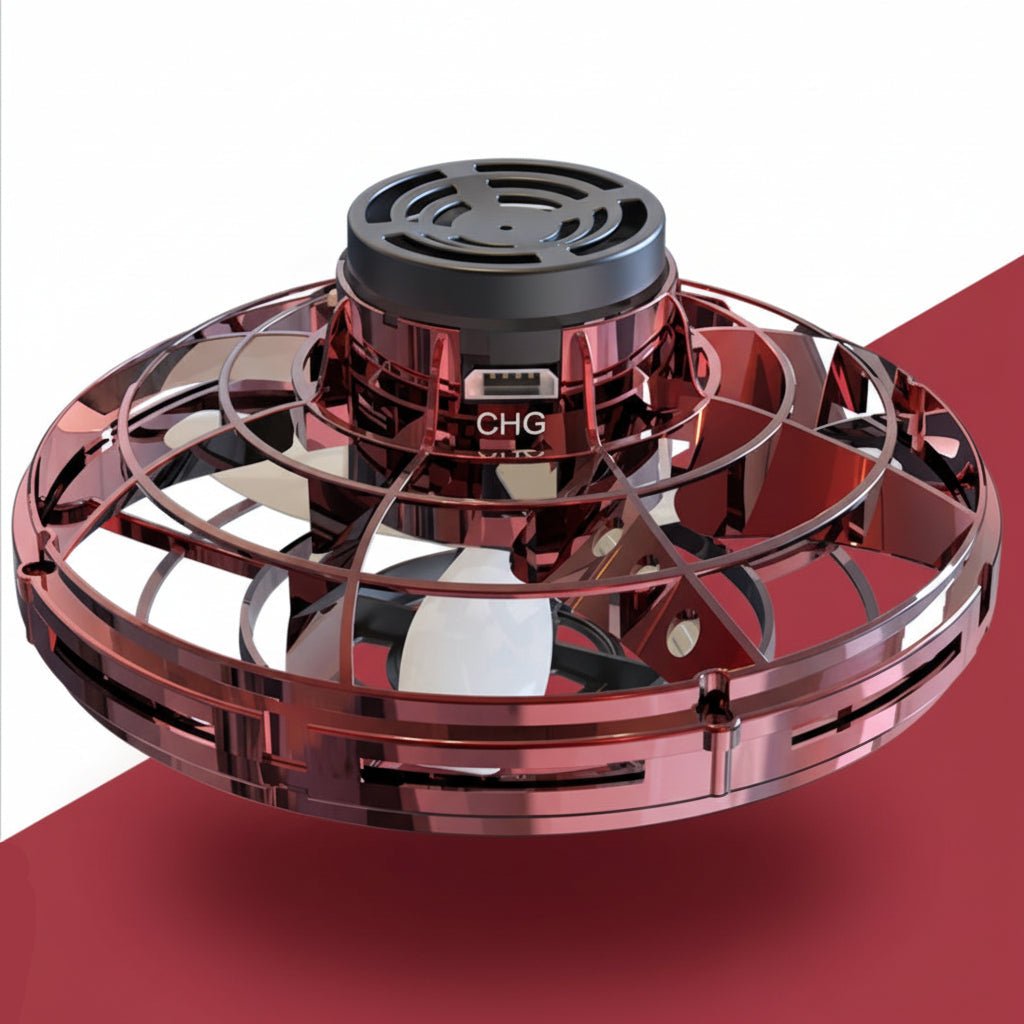Skill-building kids' hand controlled UFO drone toy. USB rechargeable, LED lights for interactive indoor/outdoor flying fun.