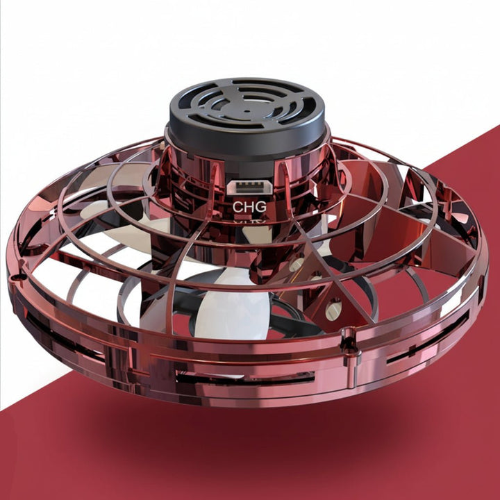 Skill-building kids' hand controlled UFO drone toy. USB rechargeable, LED lights for interactive indoor/outdoor flying fun.