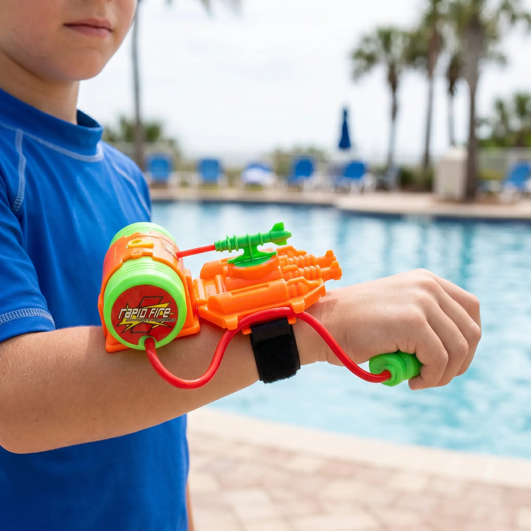 Kids' hands-free wrist water blaster toy, perfect for summer outdoor water fun and games.