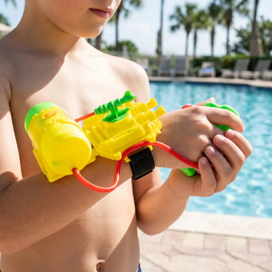 Wearable wrist water blaster for kids, ideal for hands-free beach, pool, and outdoor play.