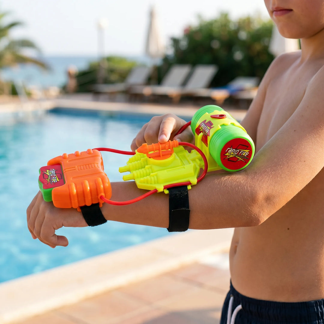 Children having fun with a hands-free wrist water blaster, perfect for exciting summer water games.