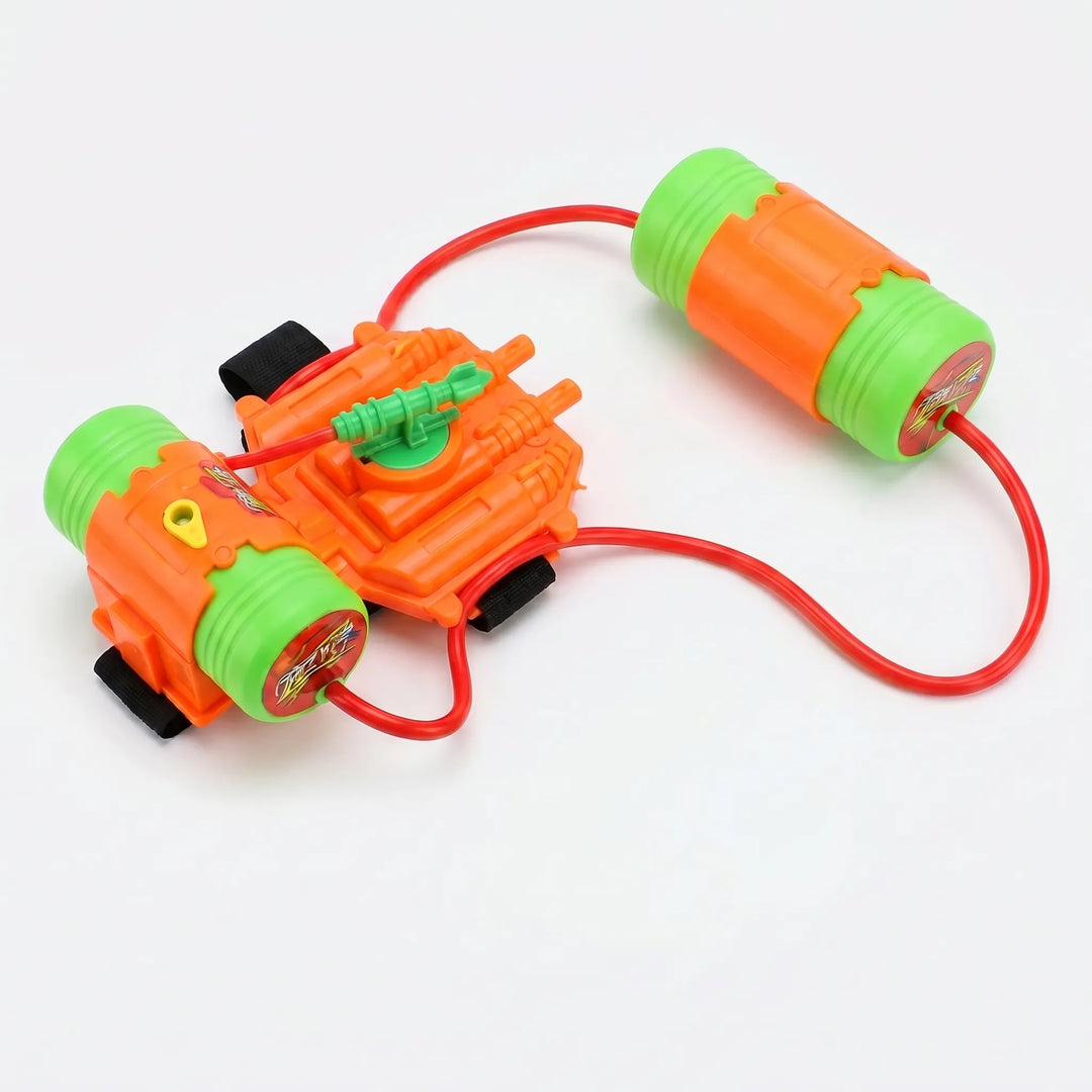 Brightly colored hands-free wrist water blaster toy for kids, great for beach, pool & outdoor play.