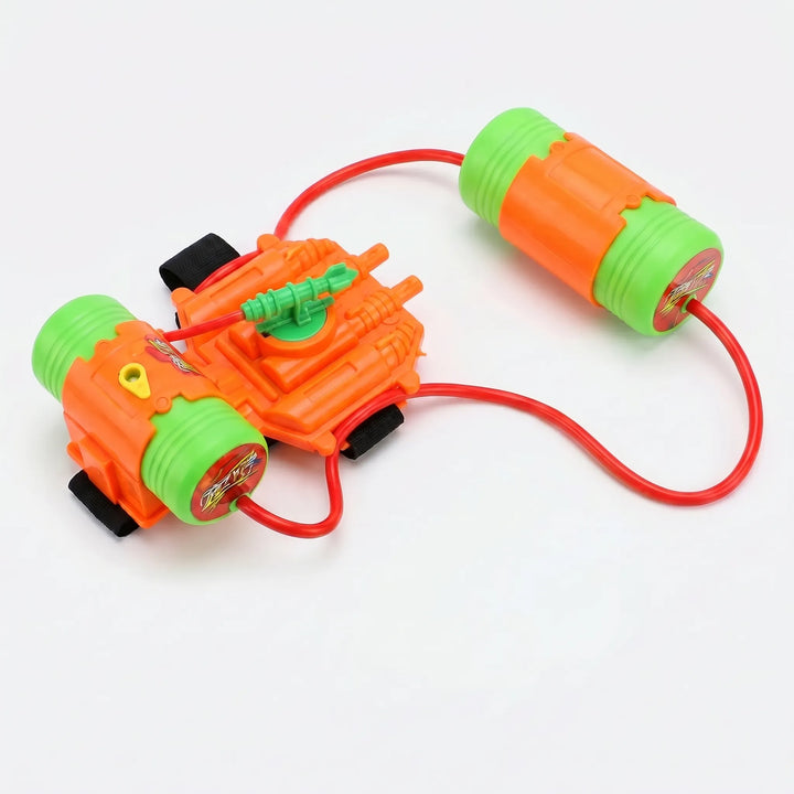 Brightly colored hands-free wrist water blaster toy for kids, great for beach, pool & outdoor play.