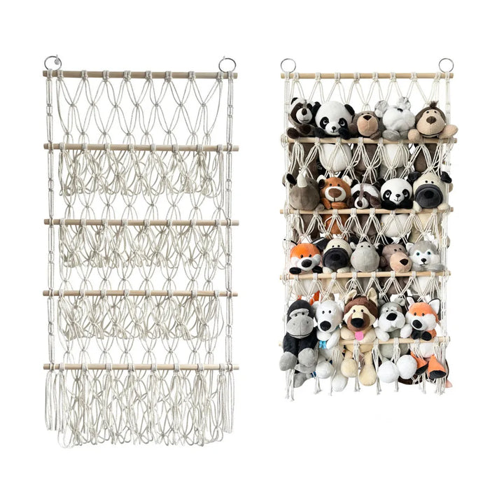 Kids' hanging toy hammock organizer for stuffed animals, space-saving playroom storage & nursery decor.