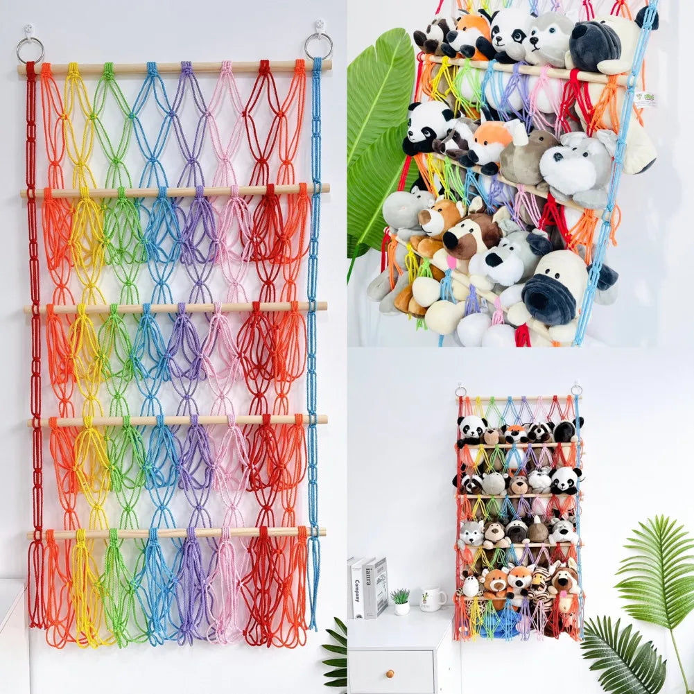 Mesh toy hammock net organizes stuffed animals, making kids' rooms tidy; great nursery or playroom storage.