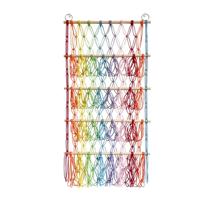 White hanging toy hammock wall organizer for kids' rooms, perfect for storing stuffed animals & baby essentials.