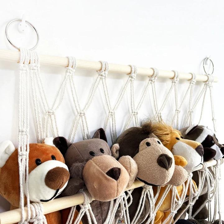 Durable mesh toy hammock net for kids' room organization, ideal for storing stuffed animals & children's toys.