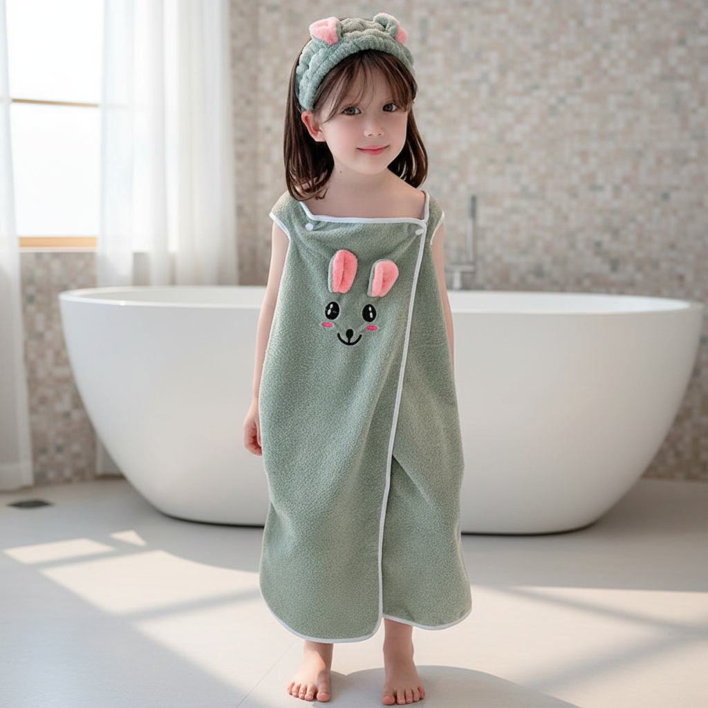 Kids' hooded animal bathrobe, 'BathFun' bear design, soft and absorbent cotton blend for bath time