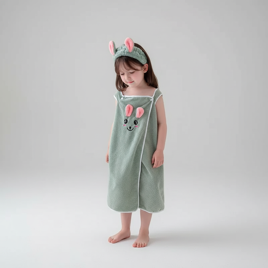 Toddler in a quick-dry hooded animal robe, a junior cozy swim coverup, ideal for post-bath fun